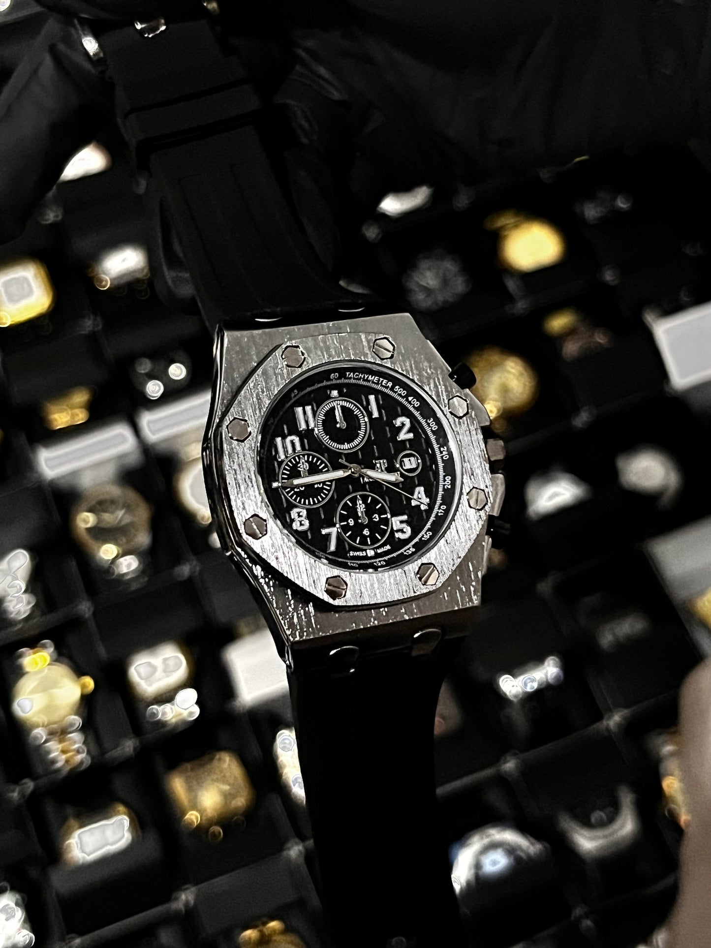 ADMR GOMA/NEGRO TABLERO/NEGRO/3 CRONOS BISEL/PLATEADO