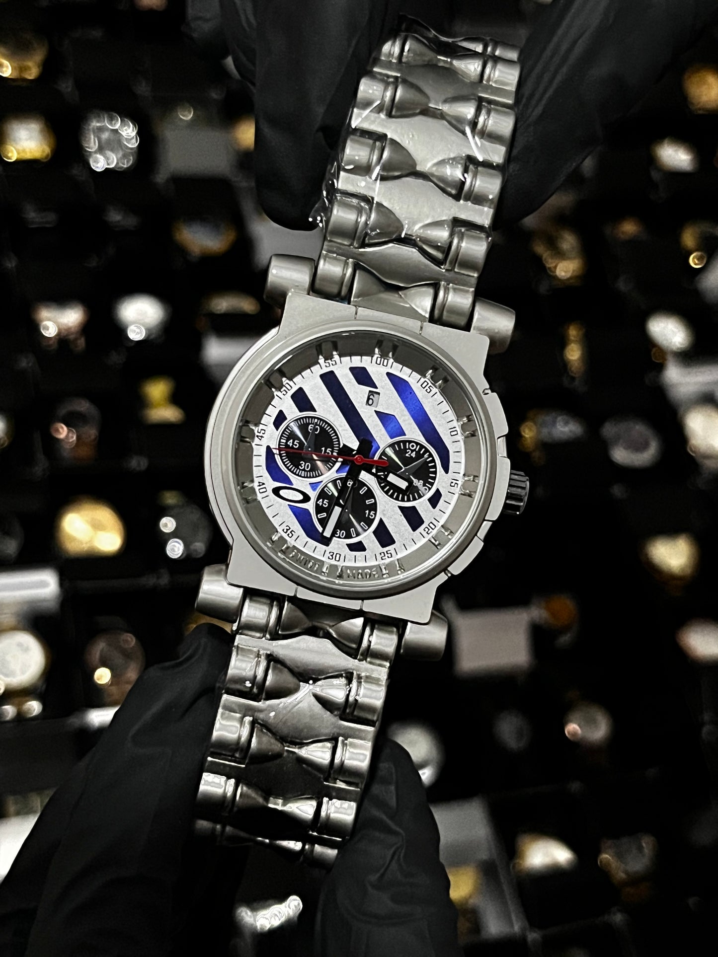 OAK ACERO/PLATEADO TABLERO/AZUL/BLANCO/3 CRONOS BISEL/PLATEADO