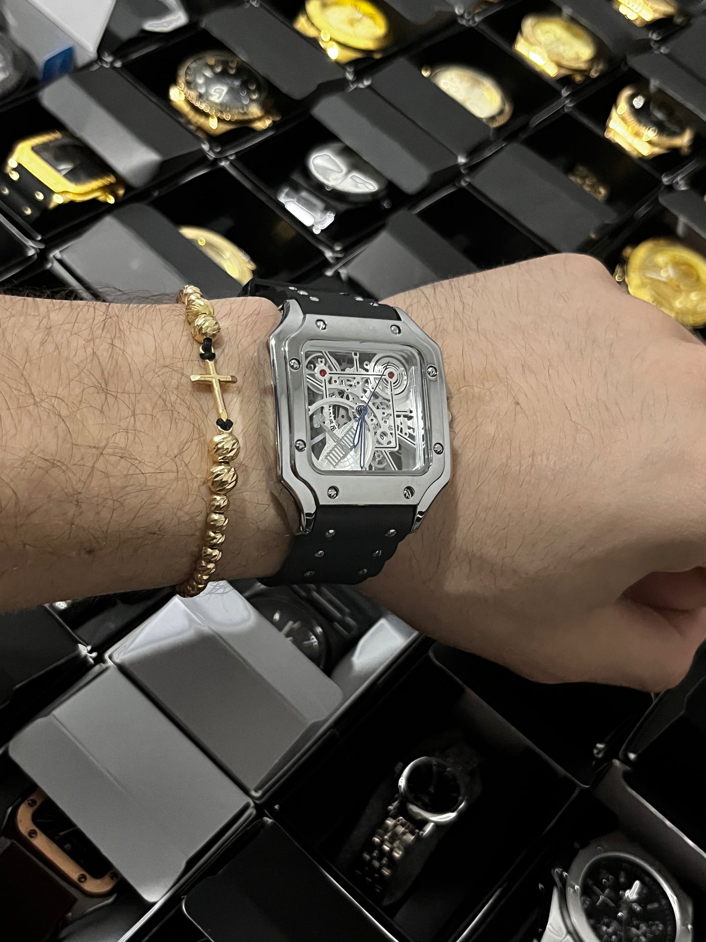 CRTR GOMA/NEGRO TABLERO/SKELETON/BLANCO BISEL/PLATEADO