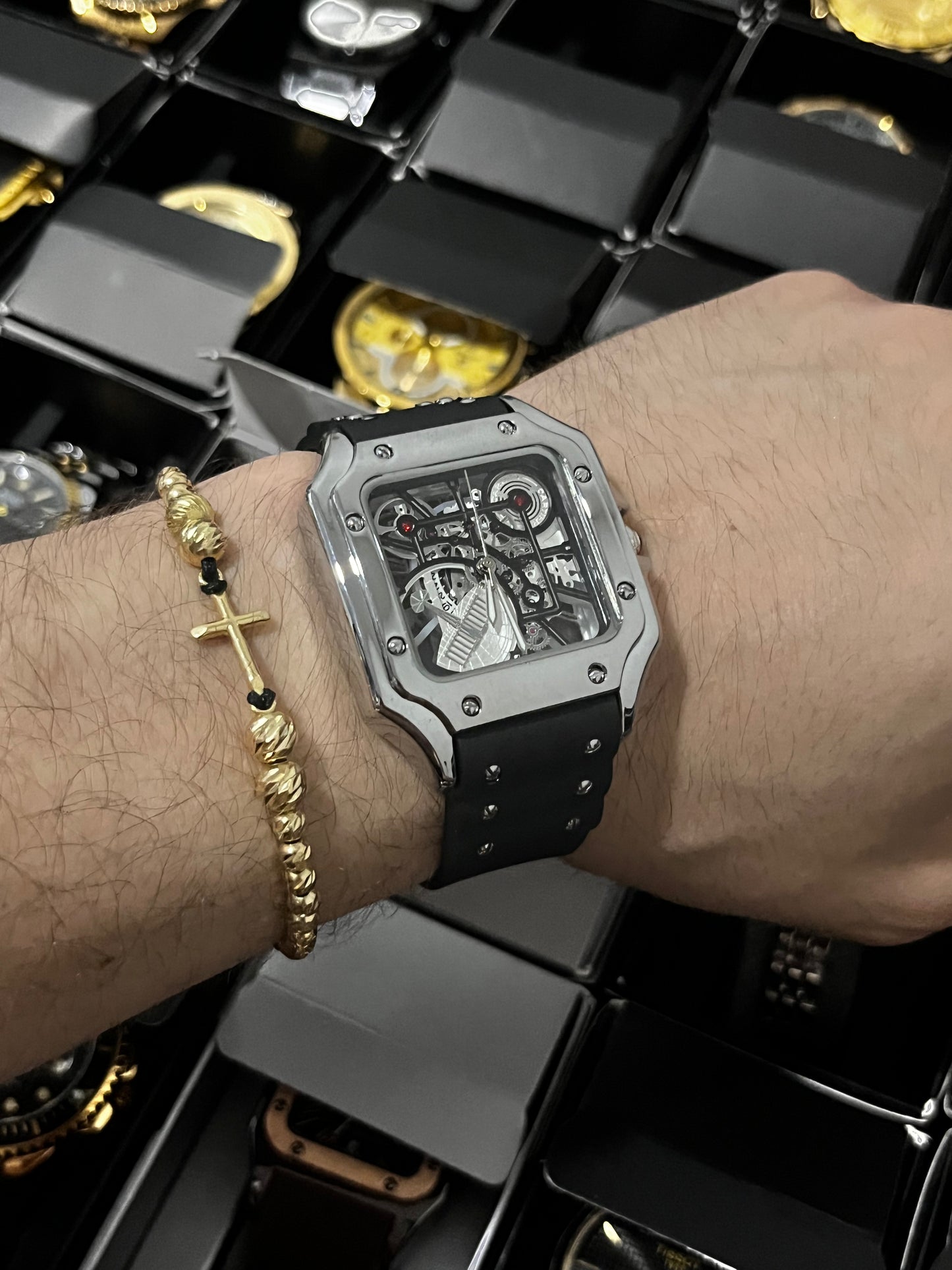 CRTR GOMA/NEGRO TABLERO/SKELETON/NEGRO BISEL/PLATEADO