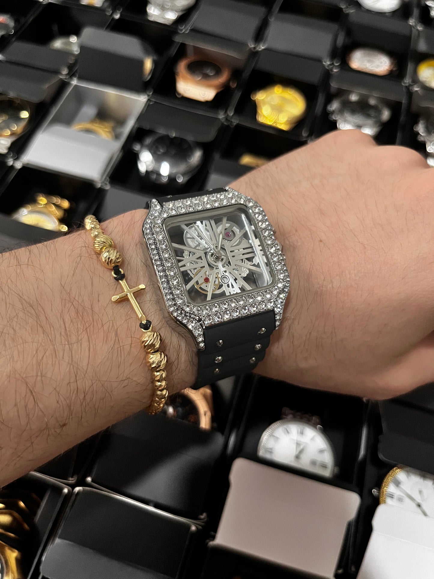 CRTR GOMA/NEGRO TABLERO/SKELETON/BLANCO BISEL/CUBANO/PLATEADO