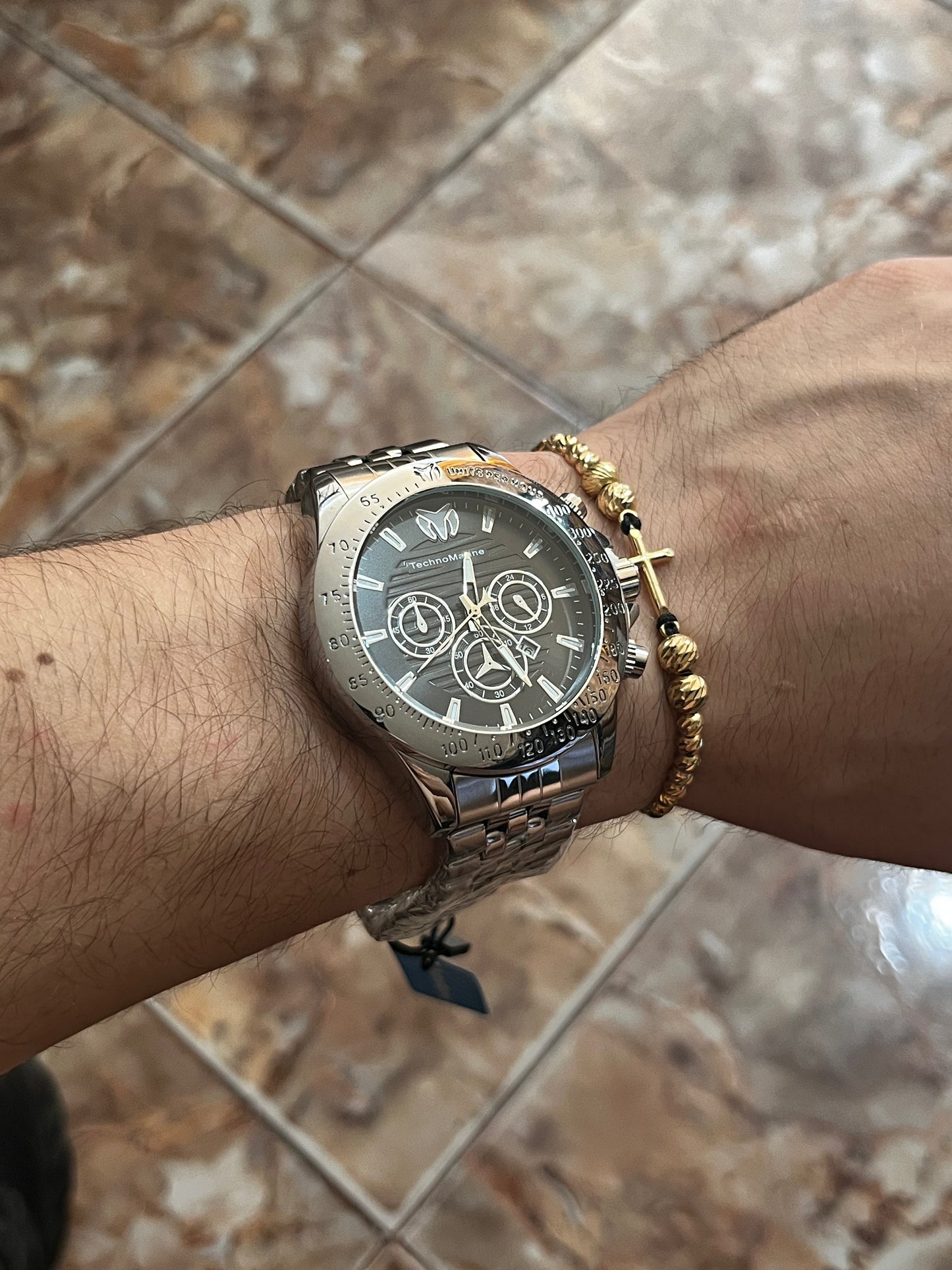 TECH M ACERO PLATEADO TABLERO NEGRO/3 CRONOS BISEL PLATEADO