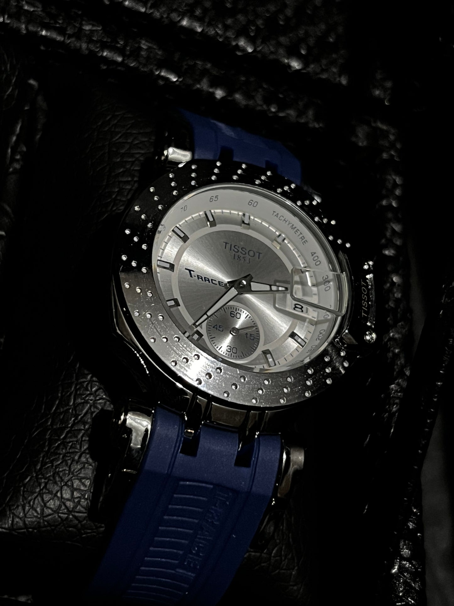 TSST DAMA GOMA AZUL TABLERO PLATEADO BISEL PLATEADO